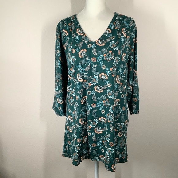J JILL Wearever Jersey Knit Tunic Dark Green Floral Top 3/4 Sleeve Travel Work L - Picture 16 of 16